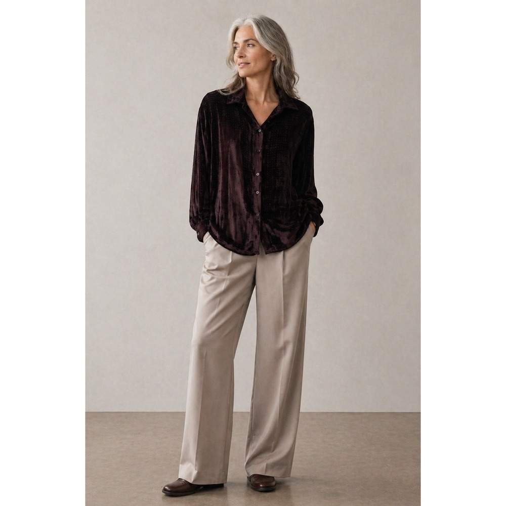 Vintage Eileen Fisher Silk Blend Velvet Burnout Shirt Purple Med Vamp Whismigoth